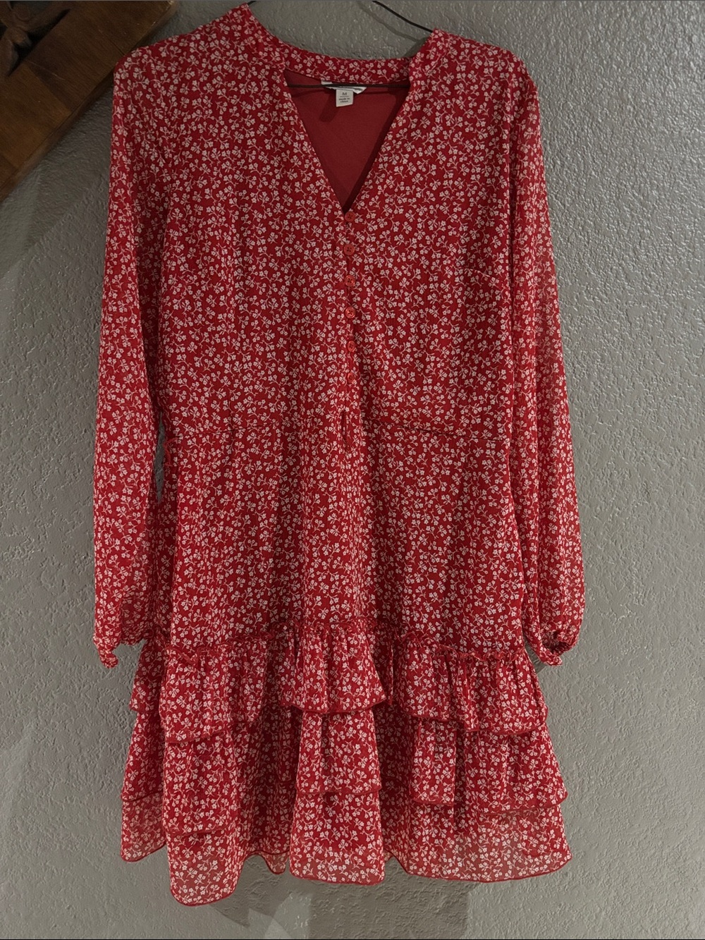 Cato Red Floral Tiered Long-Sleeve Dress